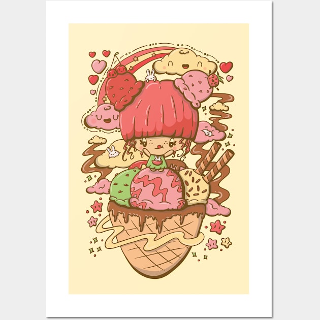 Cute strawberry and cherry ice cream bubble head cutie Wall Art by studiomogwai